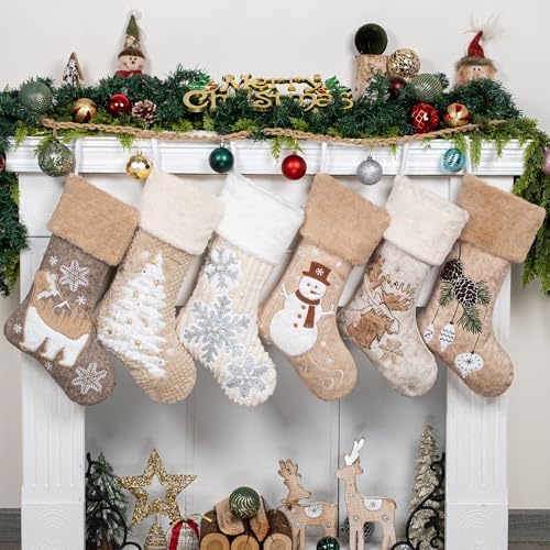 LUBOT 6 Pack Christmas Stockings Soft Large Family Xmas Stocking Set of 6 Embroidered 20" Modern Rustic Farmhouse Country Fireplace Hanging Christmas Decorations by LUBOT