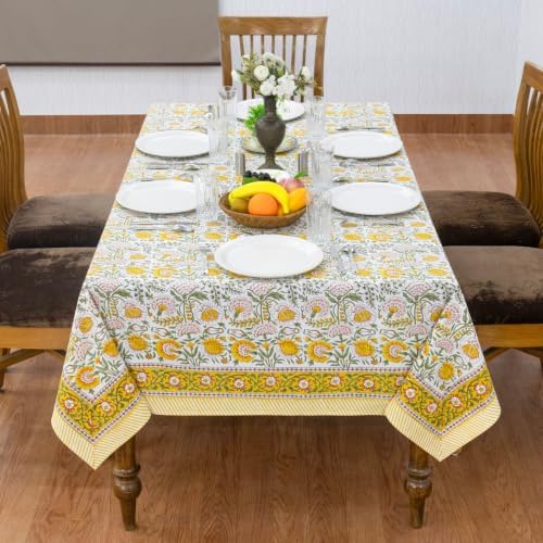 Home Spun & Crafts 72x180 Inches Rectangle Hand Block Print Tablecloth, 100% Cotton, Yellow Green Floral Table Cloths Washable, Traditional Indian for Dining Outdoor Thanksgiving Halloween Christmas - Image 4