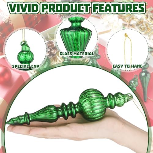 Mifoci 8 Pcs 6 Inch Mercury Glass Finial Christmas Ornaments,Green - Image 4