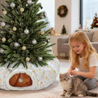 Cat Tunnel Christmas Tree Skirt, Cat Tunnel Bed with Hanging Toy Ball, Foldable Plush Cats Cave Donut Tunnel Christmas Decorations, Kitty Tunnel for Indoor Kitten Rabbit Puppy, White Gilded - Image 4