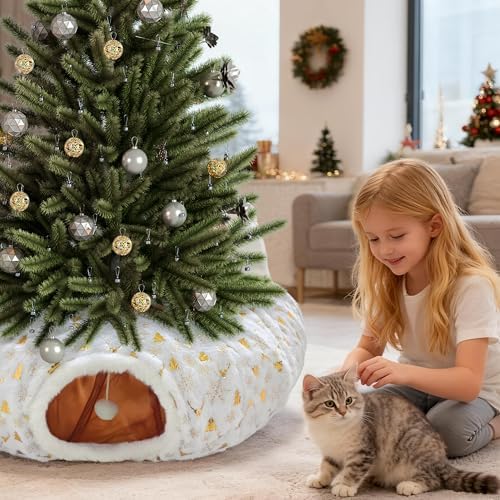 Cat Tunnel Christmas Tree Skirt, Cat Tunnel Bed with Hanging Toy Ball, Foldable Plush Cats Cave Donut Tunnel Christmas Decorations, Kitty Tunnel for Indoor Kitten Rabbit Puppy, White Gilded - Image 4