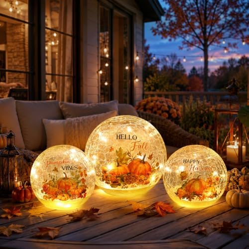 NEEDOMO Fall Table Decor, Set of 3 Sparkling Crackle Glass Ball with LED Lights Timer Pumpkin Gnomes for Thanksgiving Decor, Autumn Centerpieces Thanksgiving Decorations for HomeTabletop Mantel Indoor - Image 6
