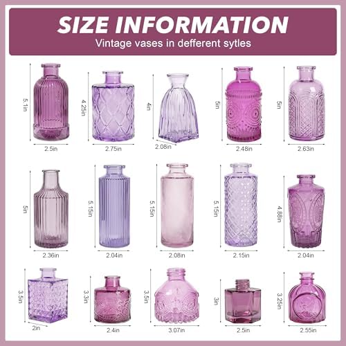Colored Glass Vases Bulk 32 Pcs - Assorted Vintage Bud Vases for Wedding Centerpieces, Rustic Embossed Glass Bottles for Table Decor, Home Floral Arrangements with Purple Series (2-6 Inch) - Image 3
