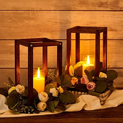 Sabary 5 Sets/ 10 Pcs Wooden Lantern Centerpieces with Candles, Caramel - Image 5