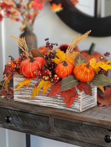 DILATATA Fall Decor Autumn Harvest Pumpkins Centerpiece - Artificial Maple Leaves, Berries and Pinecones Arrangement in Rectangle Wooden Box for Thanksgiving Party Mantel Fall Decor - Image 7