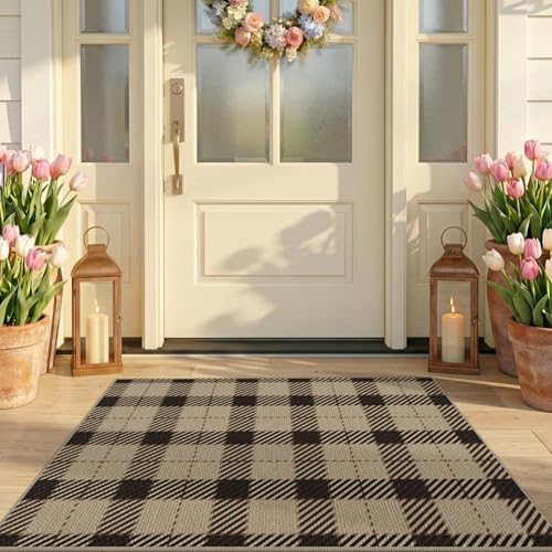 JTJ Easy Jute Front Porch Rug 27.5" x 43", Black & Beige Plaid by JTJ