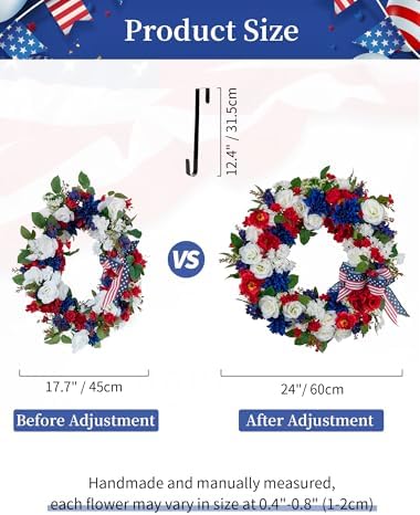 BLOSMON 4th of July Patriotic Wreath for Front Door, 24 Inch - Image 3