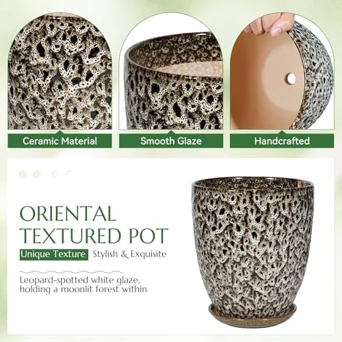 9.5 Inch Flower Pots for Indoor Plants,Ceramic Planter with Saucer Drainage Leak-Proof Mesh Gardening Gloves (Spotted White) - Image 3