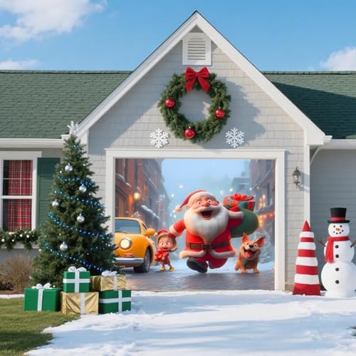 Christmas Garage Door Banner – Santa Claus, Little Girl & Cute Dog Carrying, Large Outdoor Holiday Mural for Garage, Yard & Porch Decor,8 x 7ft/2.4 x 2.1m - Image 3