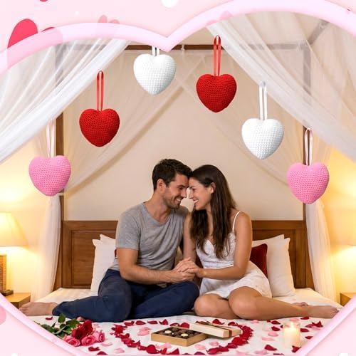 Suncalla 6 Pcs Large 4.33 Inch Valentine's Day Heart Ornaments Hanging Knitted Crochet Heart Ornament Red Pink White Valentine's Day Hanging Decorations for Wedding Anniversary Party Decor DIY Crafts - Image 2