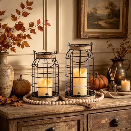 Rustic Farmhouse Candle Lantern, 2Pcs Decorative Lantern Decor with Candles - Image 3