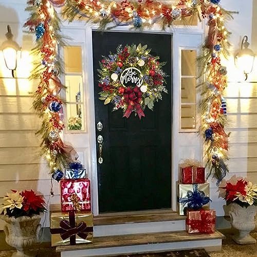 Prelit Christmas Wreath for Front Door Outside,22 inch Be Merry Wreath with red Black Buffalo Plaid Bow,Lighted Farmhouse Christmas decoration-30 LED Light/Timer,Winter Door Wreath, Porch Decor - Image 7