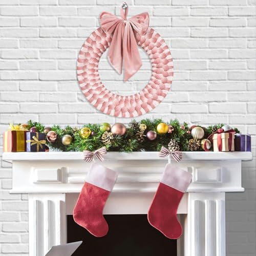 Pink Christmas Velvet Wreath 14" Xmas Wreath Ornament with Bow for Indoor and Outdoor Decor Christmas Wreath Ornament for Christmas Party Table Fireplaces Porch Walls Home Decor - Image 3