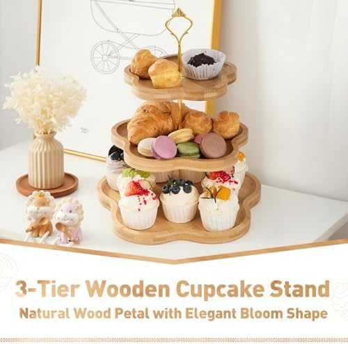 DUJUST Wooden Cupcake Stand, Flower-Shaped Design, Tiered Tray, 2 Pcs - Image 2