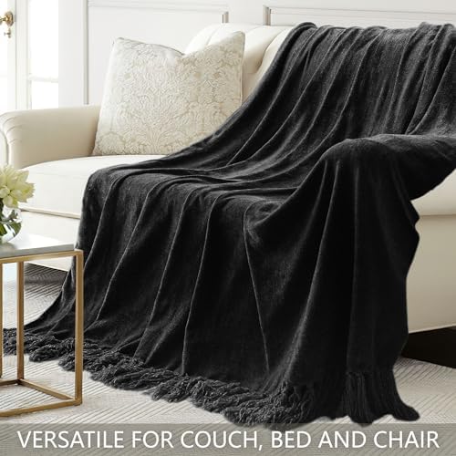 Chenille Throw Blanket for Couch 50" x 60", Black - Image 4