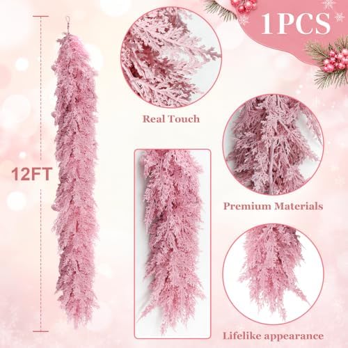 12FT Pink Christmas Cedar Garland, Realistic Artificial Garland, Soft Pastel Xmas Decorations Indoor Outdoor, Faux Holiday Garland for Mantle, Fireplace, Table, Door, Wedding Party Decor - Image 2