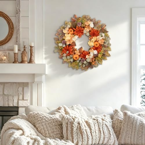 24" Fall Wreath with Pumpkins Dahlias Daisies Berries & Eucalyptus Leaves - Image 4