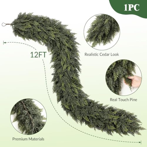 12 FT Christmas Cedar Garland, Real Touch Soft Greenery Mantel Decor - Image 2