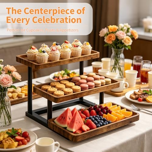 3 Tier Serving Tray for Party, Wood Cupcake Stand with Sturdy Metal Frame - Image 2