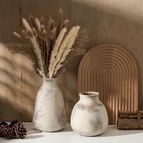 PORCER Ceramic Vase Set of 2 for Home Decor, Handcrafted Vintage Terracotta Vases, Rustic Farmhouse Decor, Minimalist Decorative Vase Set for Table Centerpiece Fireplace Nightstand Decoration - Brown - Image 4