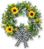22" Sunflower Wreaths for Front Door, Rustic Summer Spring Front Door Wreath with Eucalyptus and Buffalo Plaid Bow for Indoor Outdoor Wall Window, Farmhouse Floral Wreath Decor for Porch by Unknown