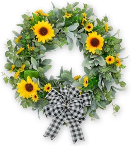 22" Sunflower Wreaths for Front Door, Rustic Summer Spring Front Door Wreath with Eucalyptus and Buffalo Plaid Bow for Indoor Outdoor Wall Window, Farmhouse Floral Wreath Decor for Porch by Unknown