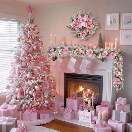 22inch Christmas Pink Wreath for Front Door with 30 LED Lights,Elegant Magnolia Christmas Door Wreath,Festive Holiday Decor, Frosted Winter Pink Decorations for Wedding - Image 7