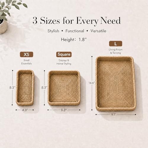 Rattan Serving Tray Set of 3, Rectangular Woven Tray, Natural Wicker Decorative Serving Tray, CoffeeTabletop Vanity Organizer, Bathroom Kitchen Counter, (S 4.3 x 8.3), (M 8.3 x 8.3), (L14.6 × 9.1) - Image 2