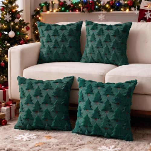 Christmas Throw Pillow Covers 16x16 inch Set of 4, Green Xmas Tree Holiday Winter Living Room Soft Fluffy Plush Faux Fur Wool Decorations for Sofa Couch Bed by Unknown