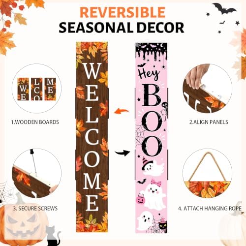Fall Porch Sign Double Side, 47.2", Front Door, Pink Halloween - Image 3
