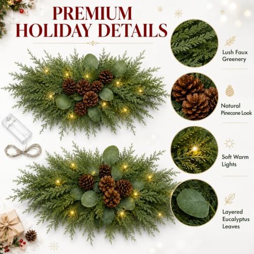 Yalikop 2 Pcs 24.5 Inch Christmas Swags with Light, Pine Cone - Image 2