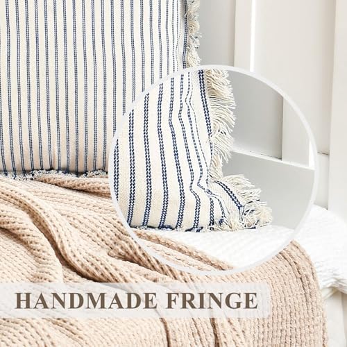 ZWJD Throw Pillow Covers 22x22 Set of 2 Striped Pillow Covers with Fringe Chic Cotton Decorative Pillows Square Cushion Covers for Sofa Couch Bed Living Room Farmhouse Decor(Bright Blue) - Image 3