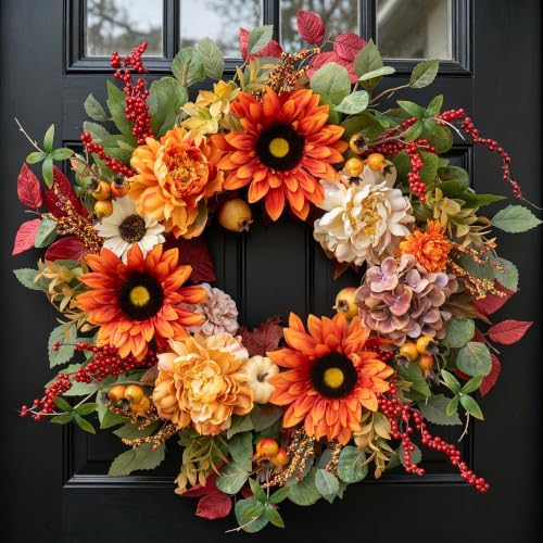 24 Inch Harvest Fall Wreaths for Front Door with Sunflower,Peony,Hydrangeas by Pinkpuii