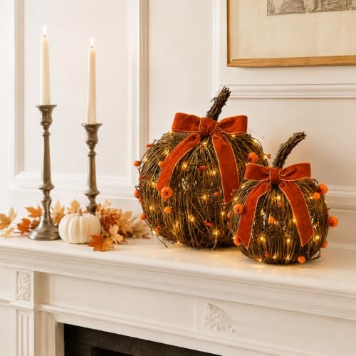Lighted Fall Pumpkin Decor 2 Pack Rattan Pumpkins with Velvet Bow - Image 6