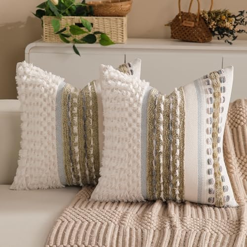 Boho Chenille Tufted Couch Throw Pillow Covers 18x18 Inch Set of 2 Farmhouse Striped Decorative Pillow Covers Accent Neutral Pillowcase Brown Cushion Cover for Living Room Sofa Bed by KOOLIFE