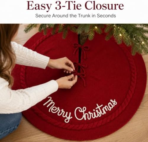 Junkin 48 Inch Christmas Tree Skirt Burgundy Cable Knitted Tree Skirt - Image 4