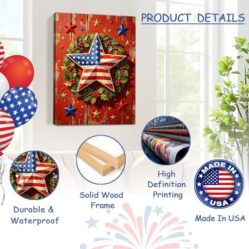 July 4th Patriotic Canvas Wall Art 4th of July USA Decorations American Flag Star Wreath Picture Wall Decor Independence Day Home Decor 20x24in - Image 4