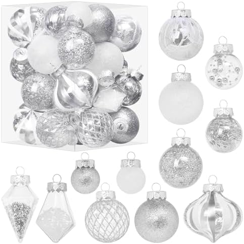 34PCS Silver/White Christmas Ball Ornaments Set for Tree Decor by MoonXmas