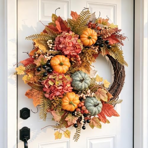 Fall Wreaths for Front Door, Artificial Pumpkin Hydrangea Autumn Wreath by BLEUMCADE