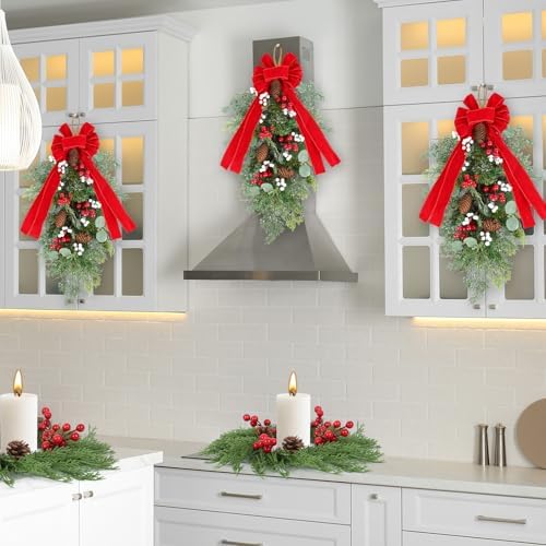 2 PCS 24" Artificial Christmas Teardrop Swag Pine Needles Teardrop Door Swag Christmas Norfolk Teardrop Wreath with Pinecone Berry for Front Door Xmas Mantle Wall Fireplace Indoor Outdoor Home Decor - Image 4