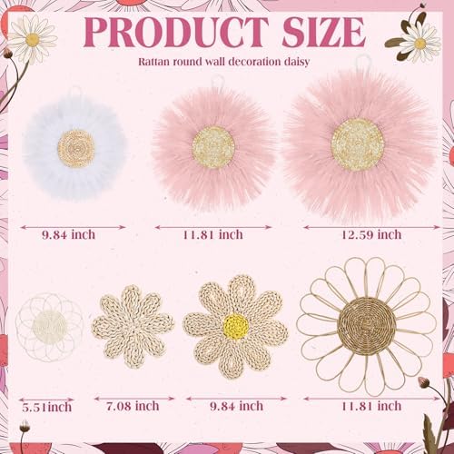 Chunful 7 Pcs Boho Wall Basket Decor Rattan Flower, Pink - Image 2