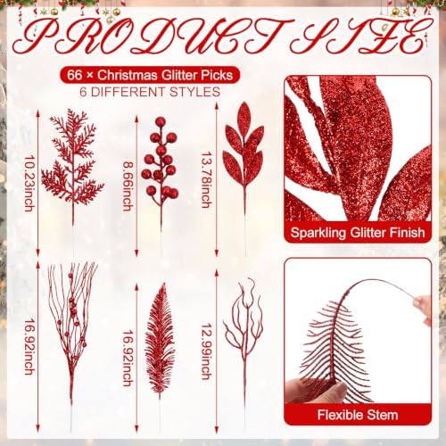 66 Pcs Red Christmas Glitter Picks and Sprays - Image 3