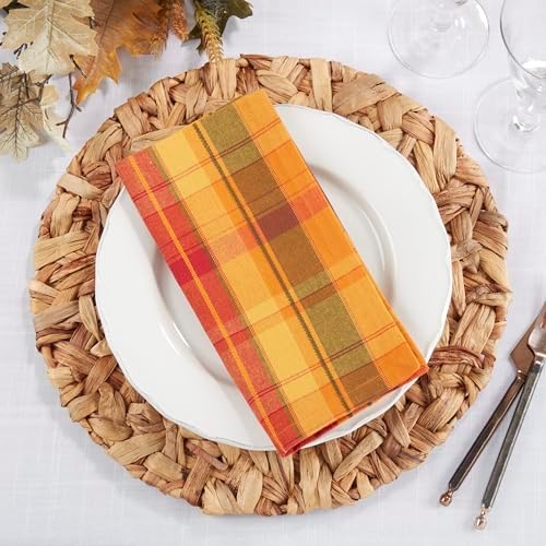 Terracotta Orange Holiday Harvest Plaid Design Cotton Napkin. 20" Square. (4 Piece Set) - Image 2
