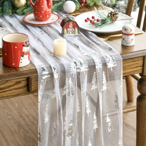 Artoid Mode 6PCS White Silver Christmas Tree Gauze Table Runner 120 Inch 10FT, Glitter Metallic Foil Seasonal Sheer Dining Holiday Table Decor for Home Party by ArtoidMode