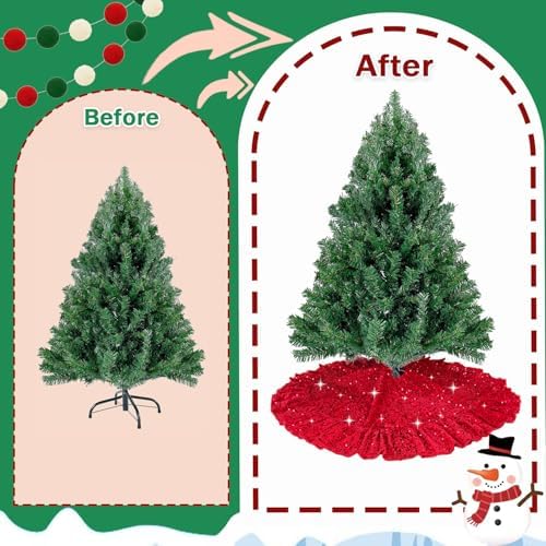 Red Tree Skirt 45 Inch Sequin Christmas Tree Skirt Ruffle - Image 4