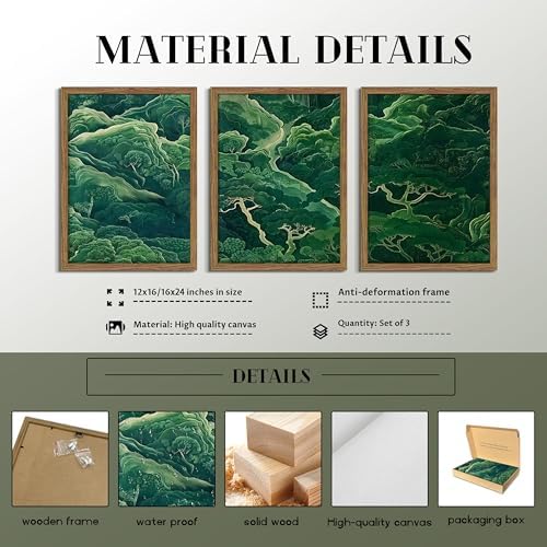 Japanese Nature Forest Wall Art Set of 3, Sage Green Moss Botanical Canvas Wall Decor Paintings, Vintage Mountain Landscape Zen Artwork Pictures Prints for Living Room Bedroom 16x24 Inch Framed - Image 3