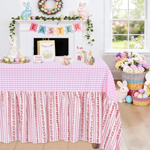 Fanqisi Easter Tablecloth Pink Ruffle Table Cloth - 90 x 132 Inch Gingham Checker Tablecloths Waterproof Table Cover for Picnic Birthday Wedding Spring Party Decoration - Image 4