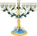 The Dreidel Company Hand-Painted Enamel Metal Menorah with Blue, White, Gold and Green Jeweled Accents, 6" Inches by TheDreidelCompany