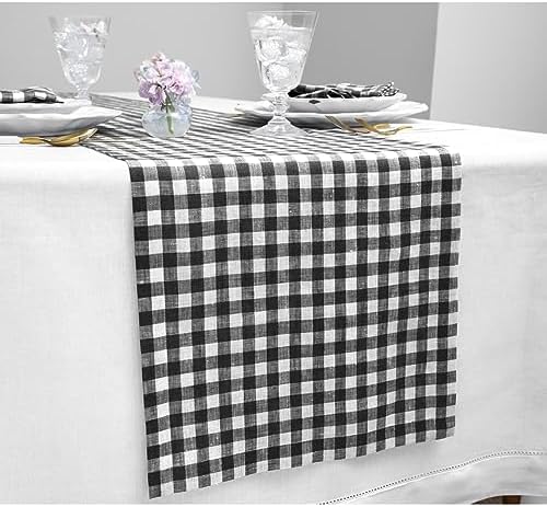 Solino Home 100% Pure Linen Table Runner Black, Gingham Check 14 x 90 in - Image 2