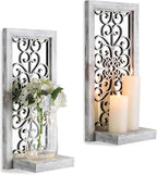 Mirrored Wall Candle Sconces Set of 2 with Scrollwork Design by Walasis
